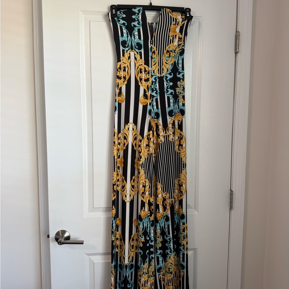 Jumpsuit- Black and White Striped with Gold and Blue Accents